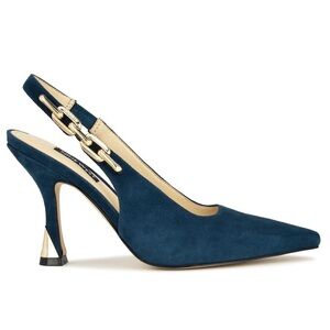 Nine West Veroni Suede Pointed Toe Slingback Heels with Gold Chain Detailing